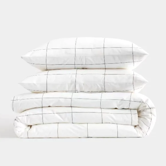 Classic Organic Cotton Percale Duvet Cover + 2 Shams TWIN Bedding Set Windowpane - Picture 3 of 10